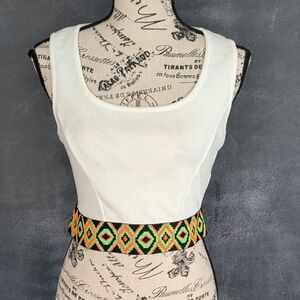 Ivory Textured Crop Tank with Multicolor Geometric Beaded Waistband